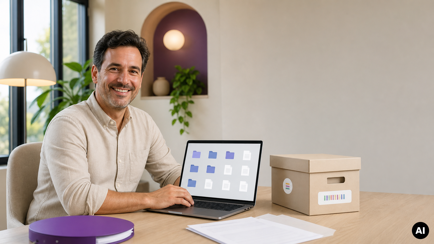 Ondernemer werkt op een laptop met digitale mappen en documenten naast een archiefdoos op zijn bureau.