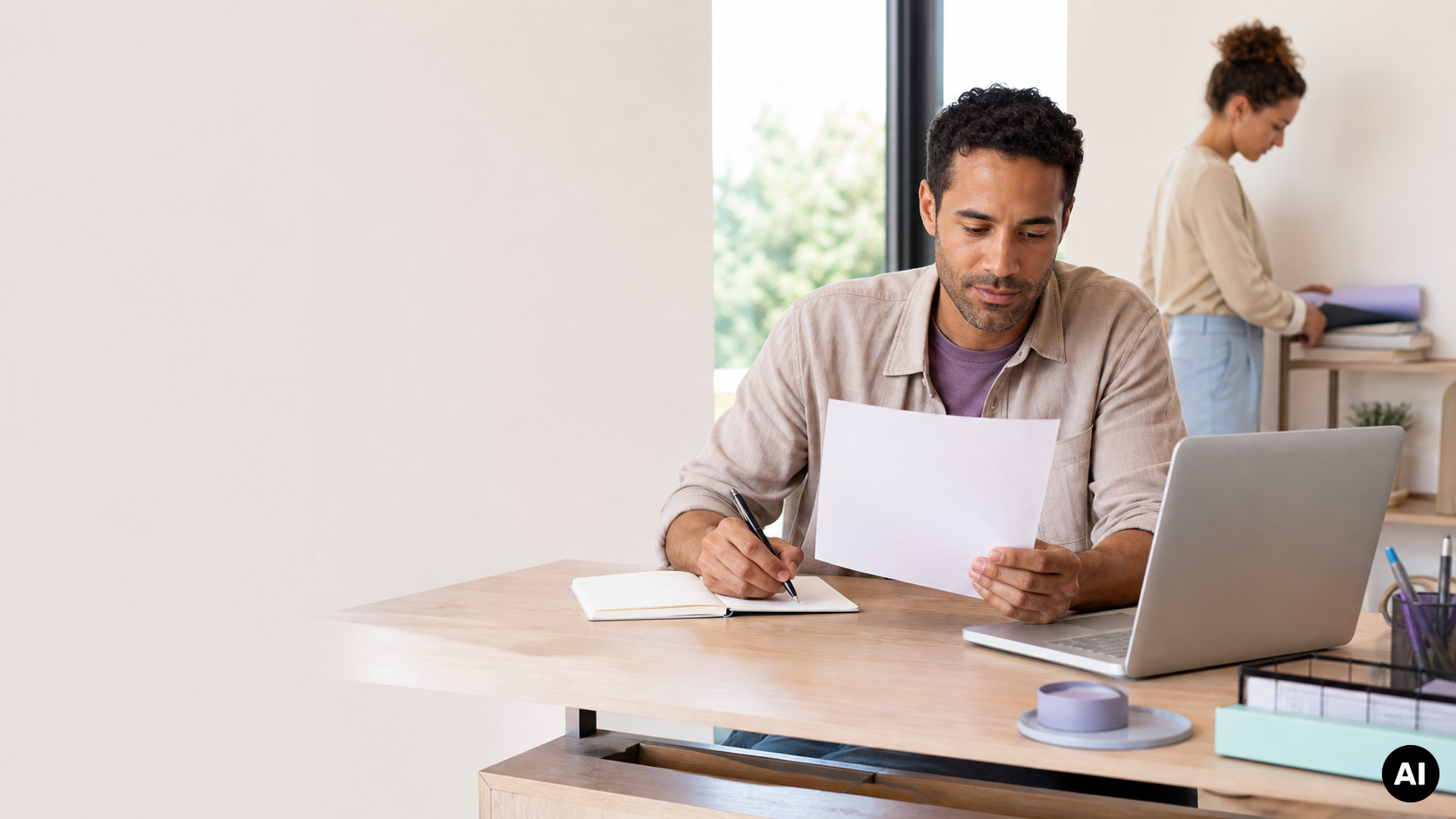 Man controleert een document en maakt aantekeningen naast een laptop aan zijn bureau, terwijl een vrouw op de achtergrond ordners bekijkt.