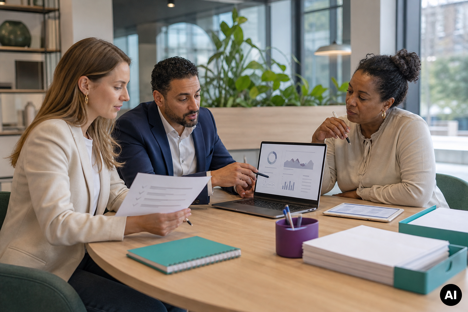 Drie accountants bespreken financiële grafieken op een laptop tijdens een overleg aan een vergadertafel.