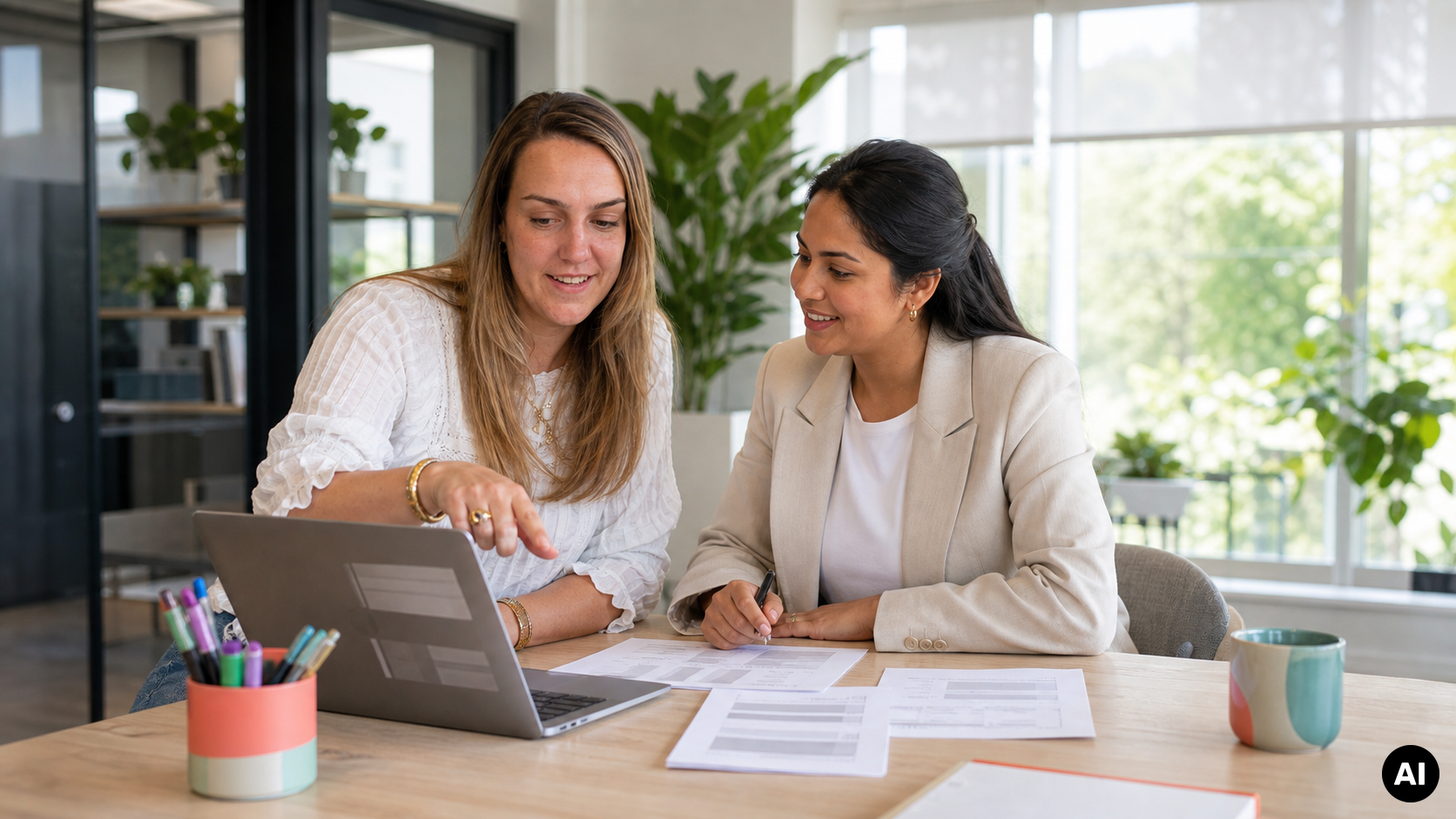 Twee ondernemers bekijken facturen en administratie op een laptop aan een bureau.
